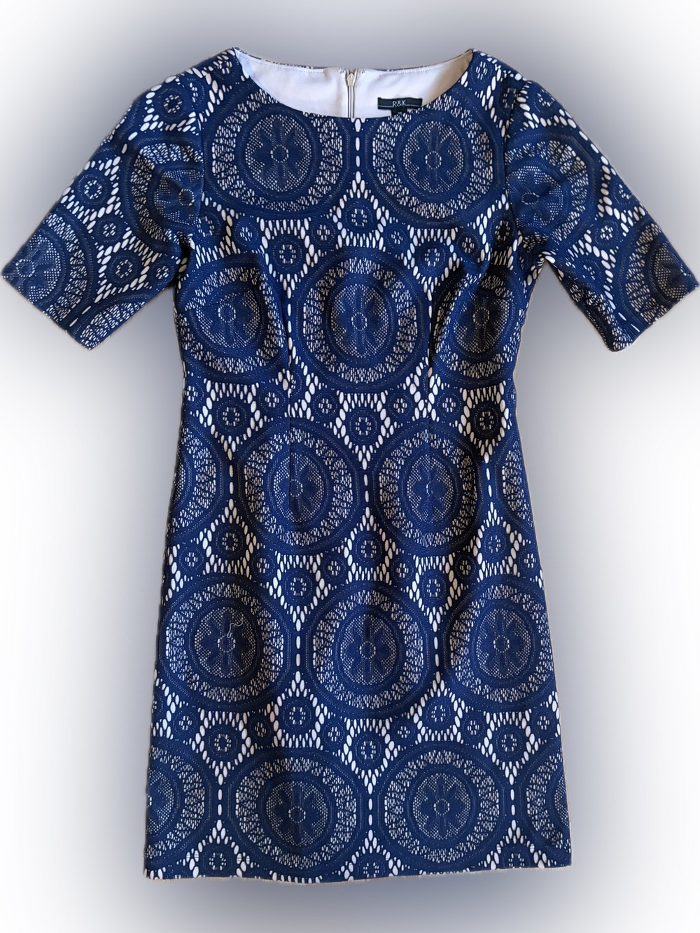 R&K Navy Blue and White Lace-Overlay Midi Dress